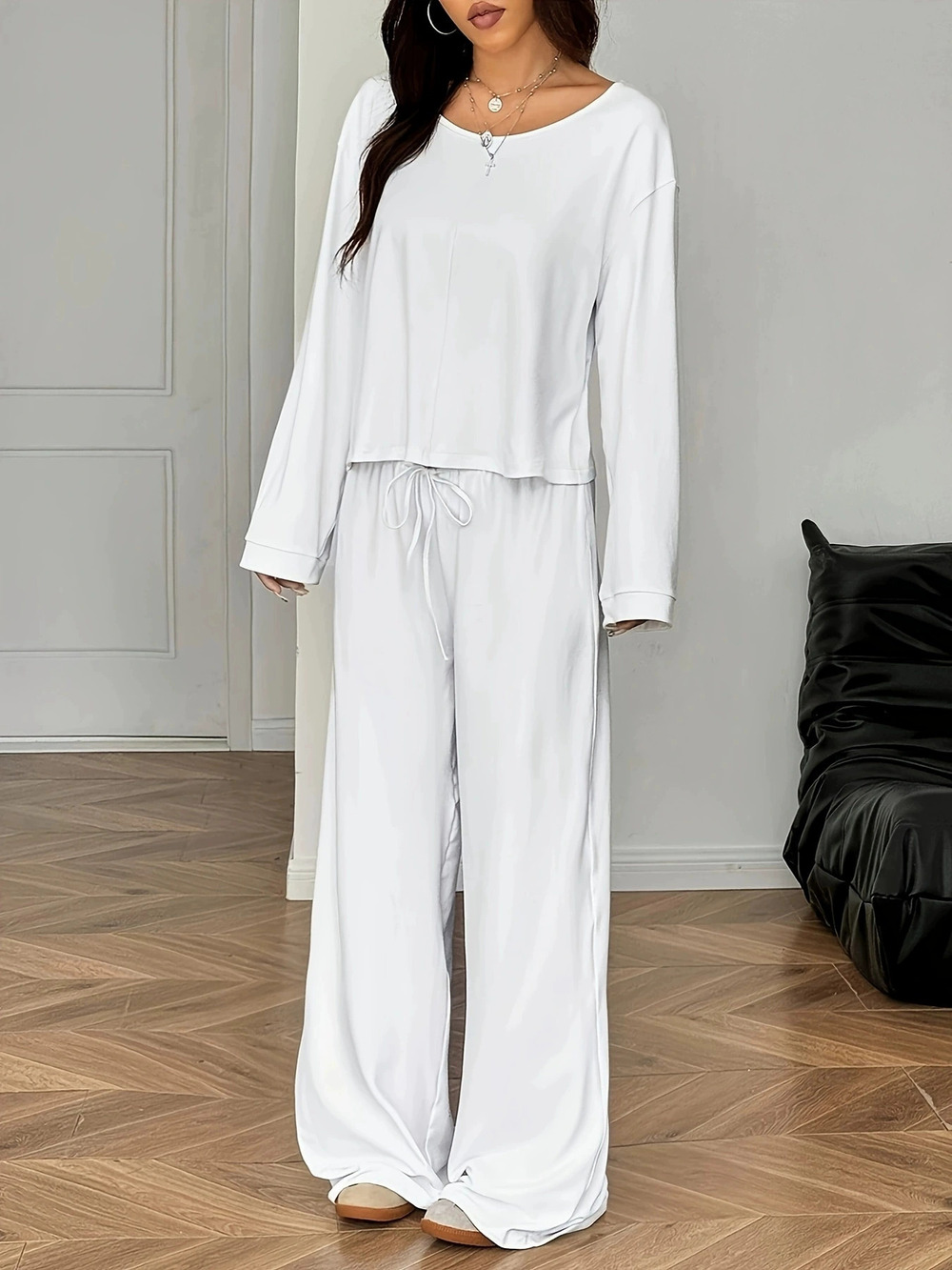 Forever 21 Women's Summer Solid Satin Long-Sleeve Top and Pants Set